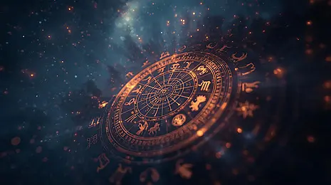 Gold zodiac wheel against a dark celestial background